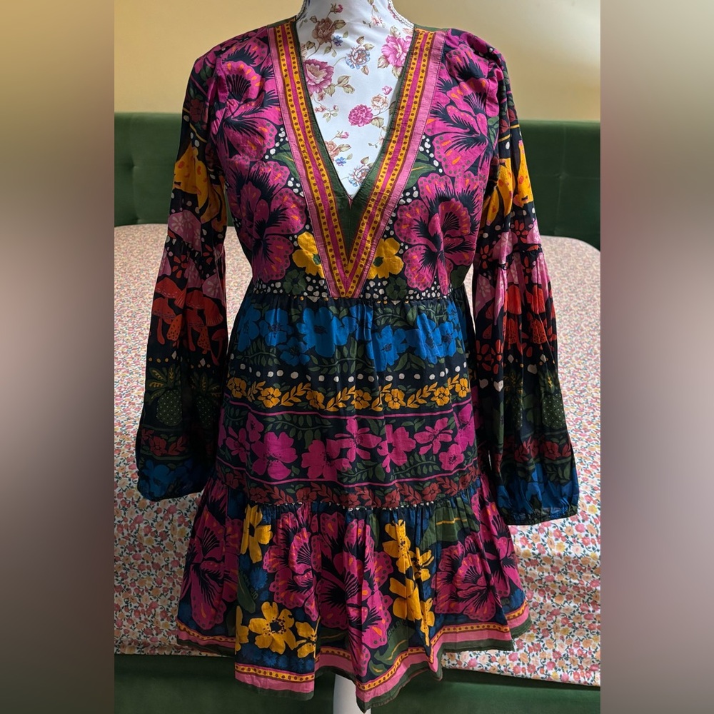 Farm Rio for Anthropologie Bright Floral Tunic Mini Dress Size Small Retail $190 - Picture 5 of 16